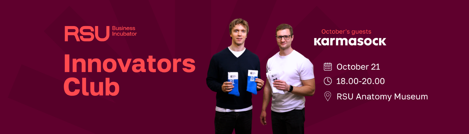 Innovators' Club. Meeting with Karma Sock. Advertising poster