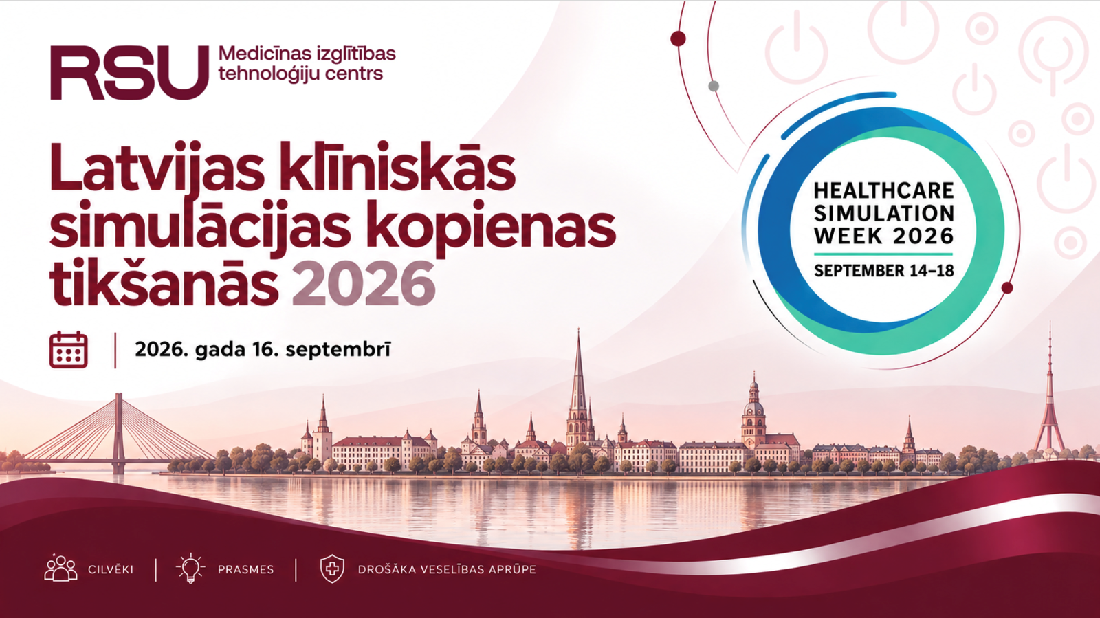 Latvijas klīniskās simulācijas kopienas pārstāvju virtuālās tikšanās reklāmas plakāts