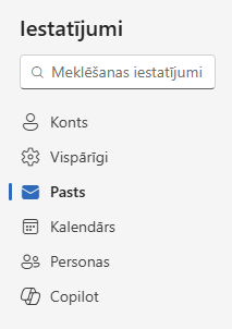 Atvērta sadaļa Pasts iestatījumos