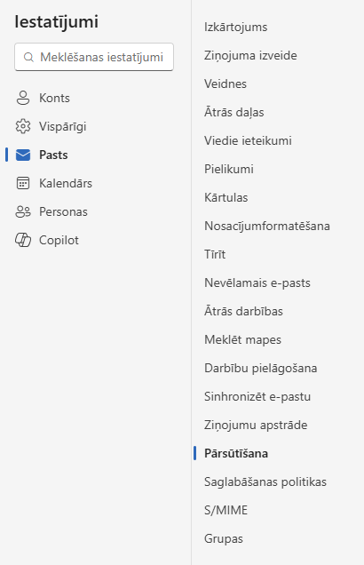 Atvērta sadaļa pārsūtīšana iestatījumos