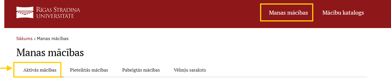 Ekrānšāviņš ar izvēlēm "Manas mācības" tad "aktīvās mācības"