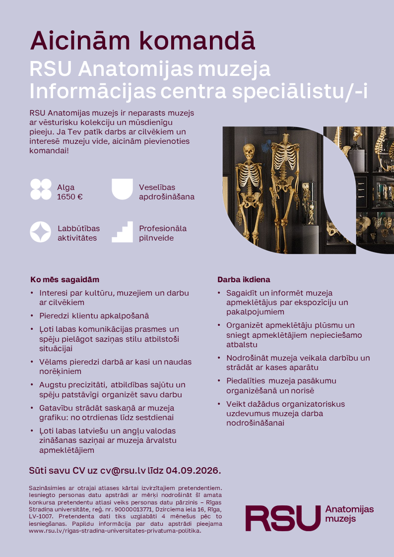 RSU Anatomijas muzeja Informācijas centra speciālista/speciālistes vakance
