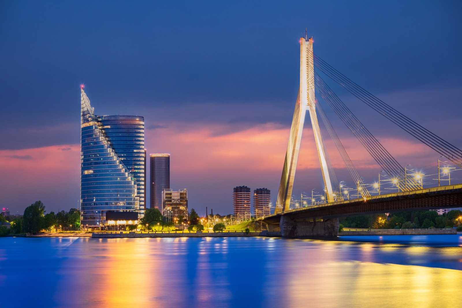 Riga panorama at dusk. View of Vanšu bridge.
