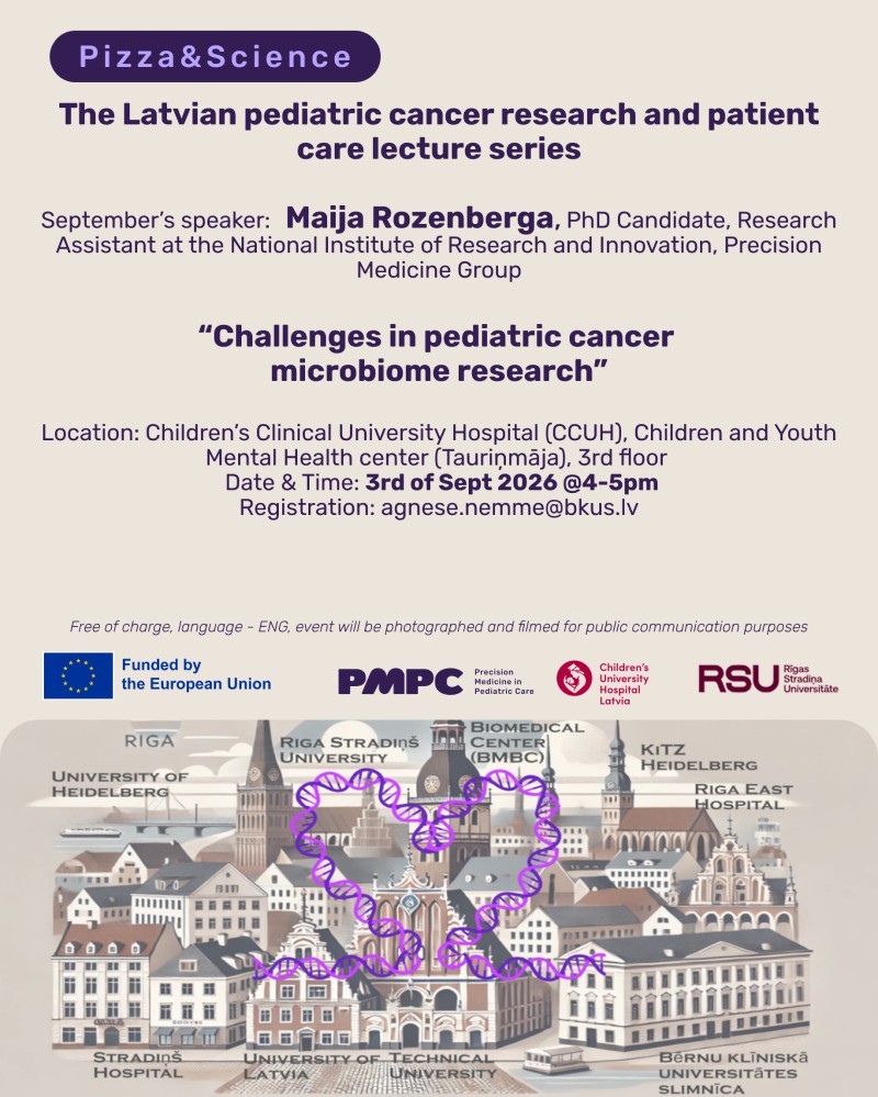 ‘Pizza&Science’ lecture series poster about challenges in pediatric cancer microbiome research on 3 September 2026.