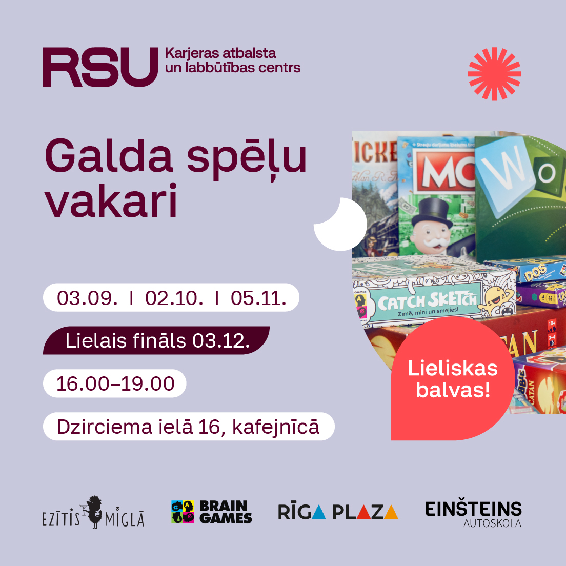 RSU galda spēļu vakaru plakāts. 2026. gada rudens un ziemas turnīri